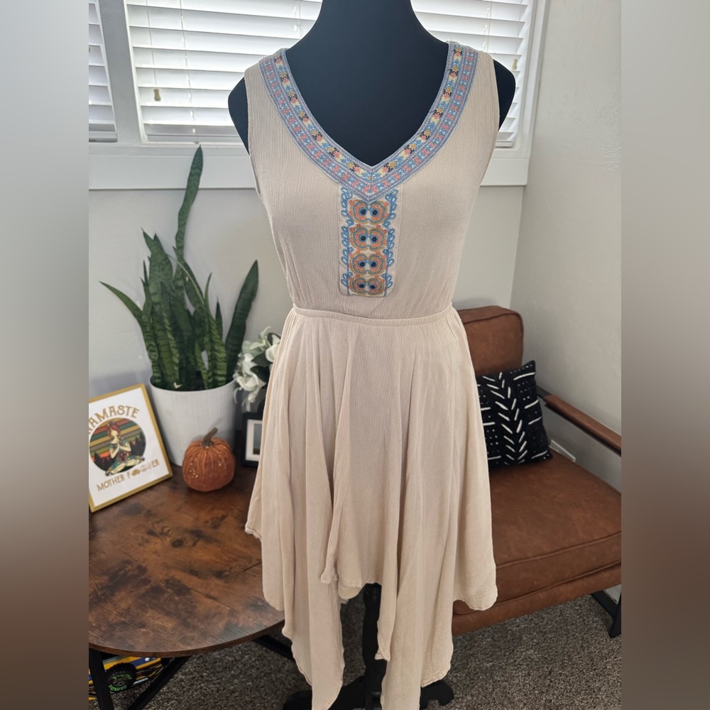 Bohemian Cream Asymmetrical Dress with Blue Embroidery